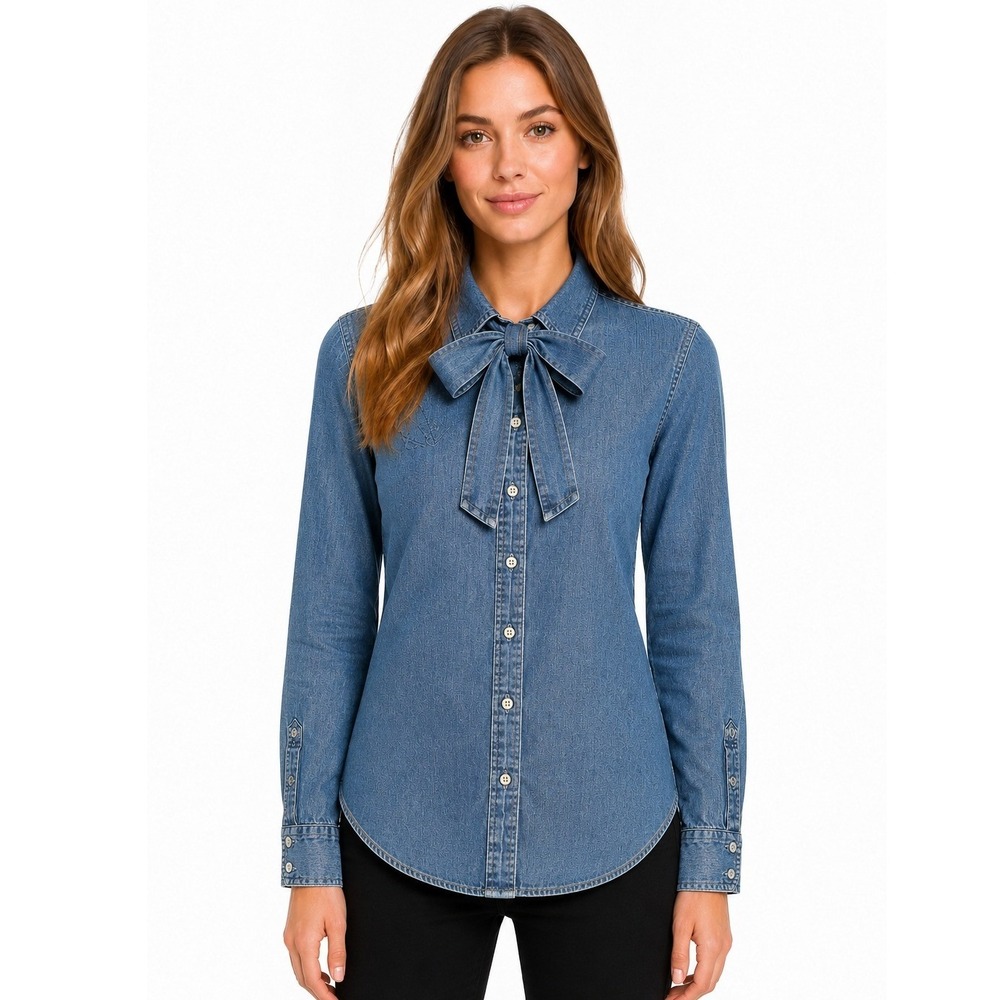 J. Crew Womens XS Denim Bow Neck Chambray Shirt AU228 Blue Preppy Long Sleeve